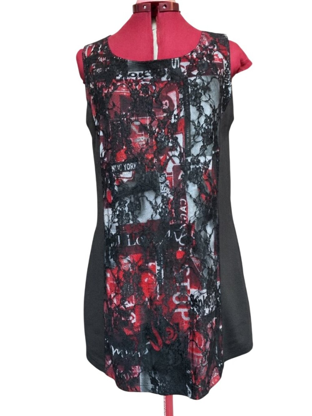 Mt - Black - Lace Overlay Graphic Print Shift Dress Tunic – Size 5 (medium)